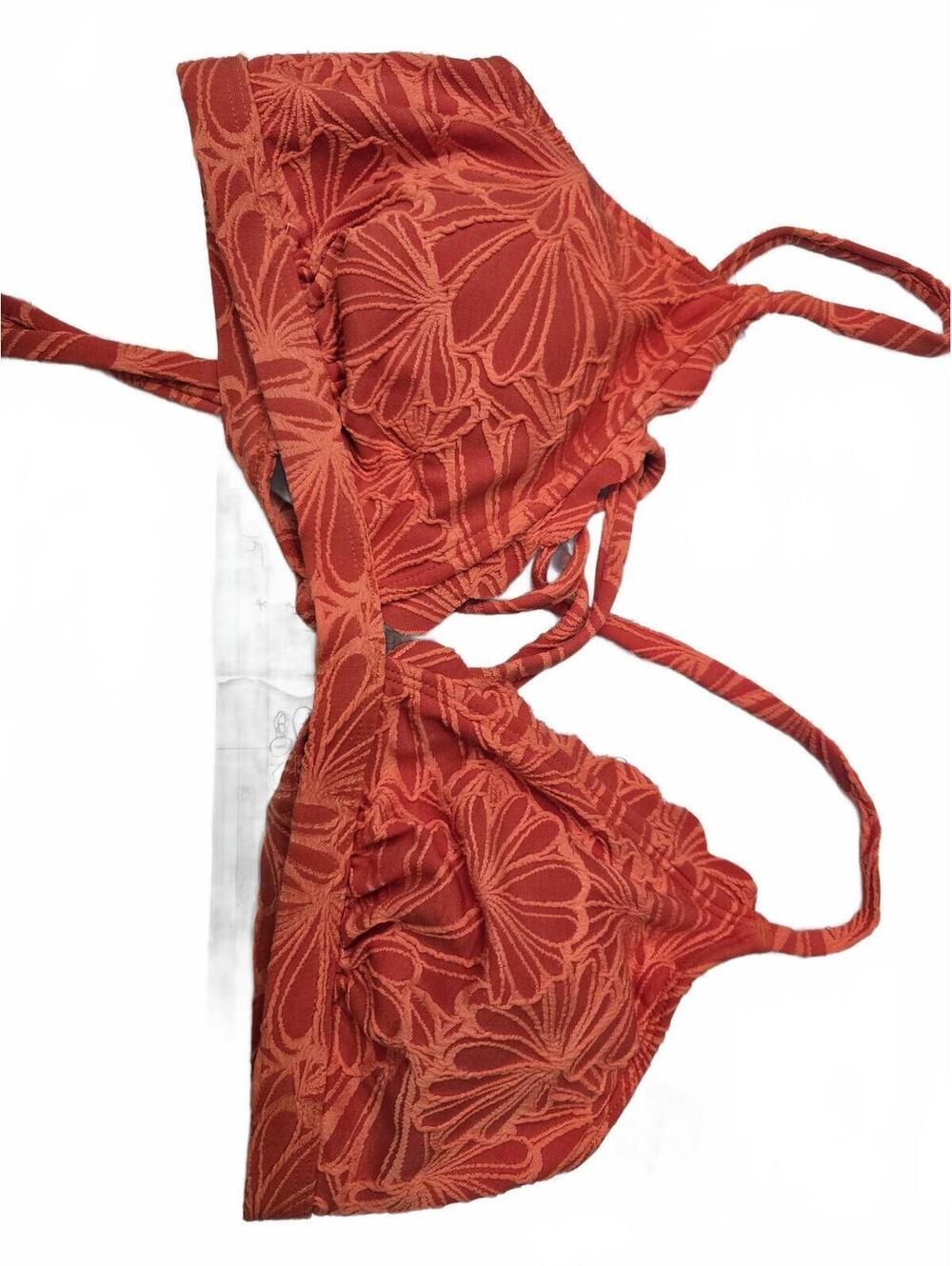 Rust Orange Floral Pattern Bikini Top Size Large